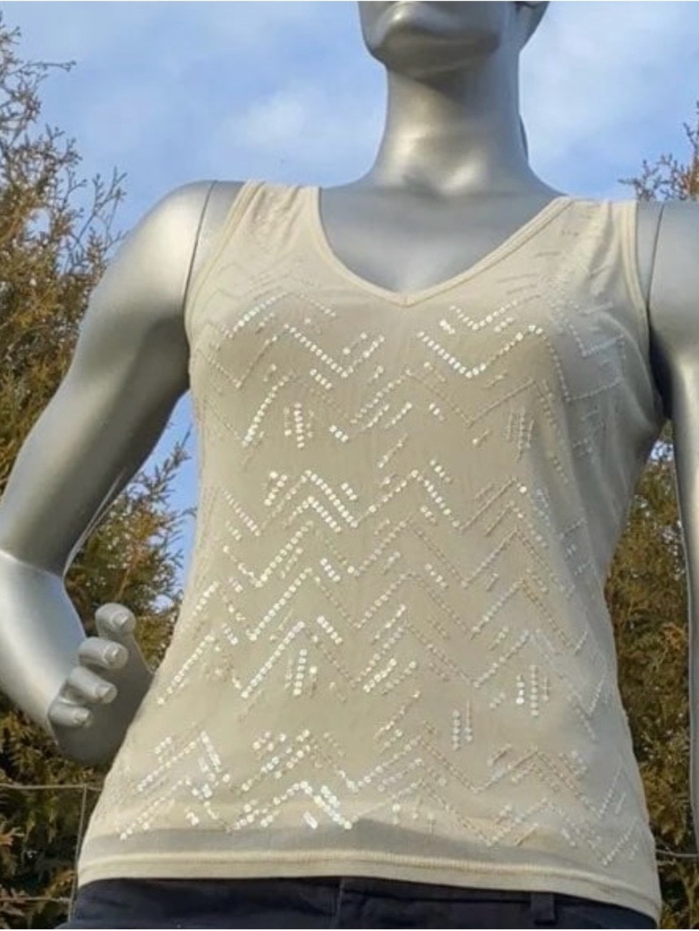 Sequined Sheer V-Neck Tank Top - Cream
